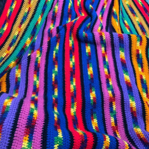 Handmade Crochet Striped Multicolor Blanket Oversized Throw Rainbow 87 x 54 in - Picture 3 of 4